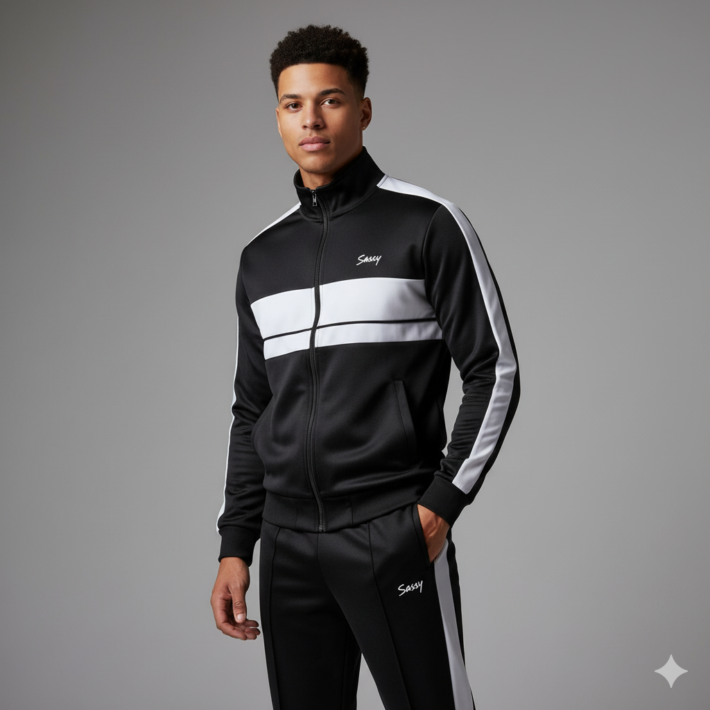 Retro Black & White Striped Tracksuit – Classic Style