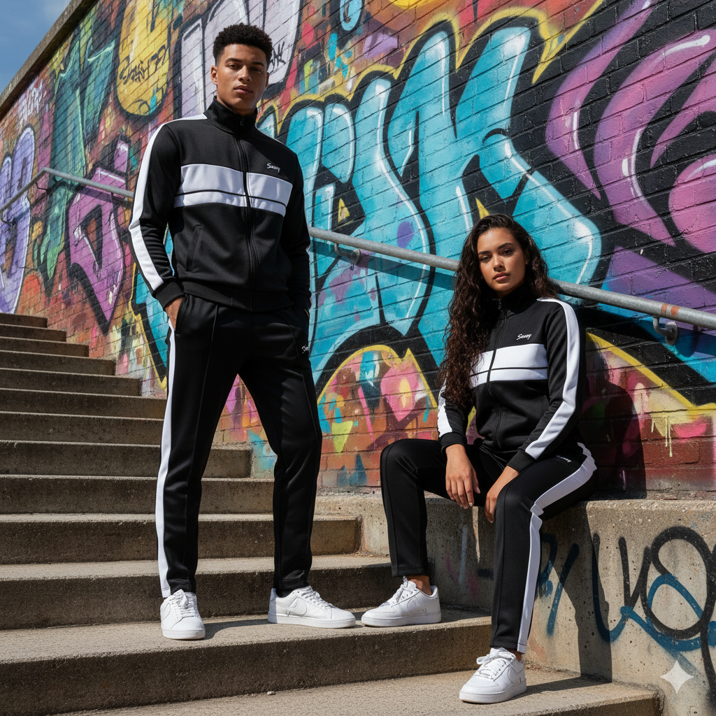 Retro Black & White Striped Tracksuit – Classic Style