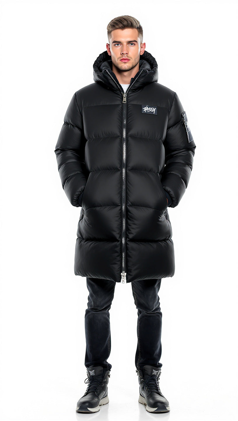 SASSY Men's Black Longline Puffer Jacket with Hood