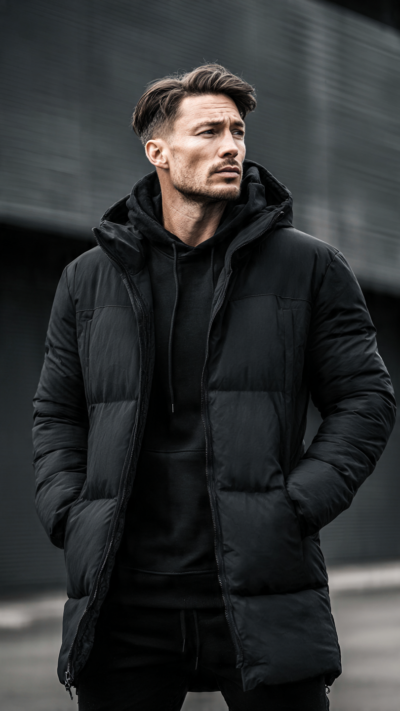 SASSY Men's Black Longline Puffer Jacket with Hood