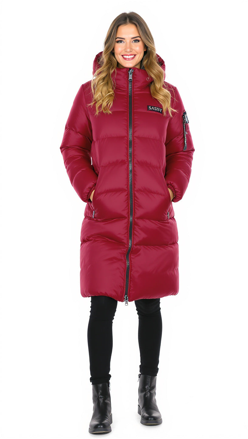 SASSY Women's Burgundy Longline Zip-Up Puffer Jacket