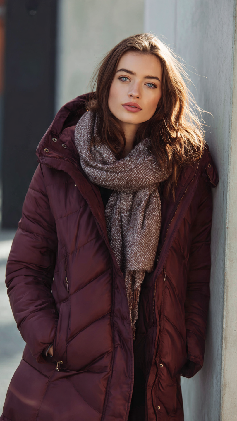 SASSY Women's Burgundy Longline Zip-Up Puffer Jacket