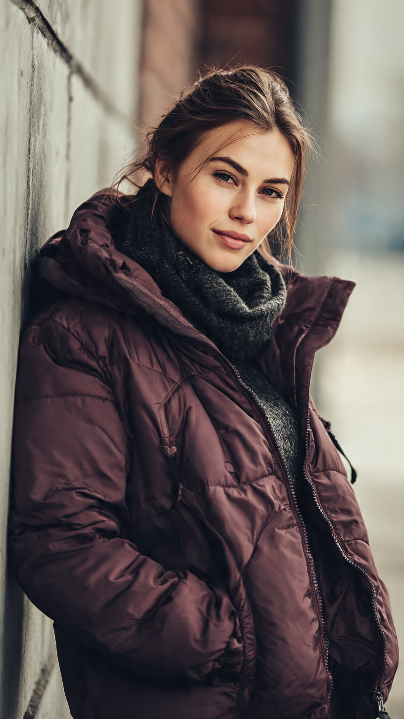 SASSY Women's Burgundy Longline Zip-Up Puffer Jacket